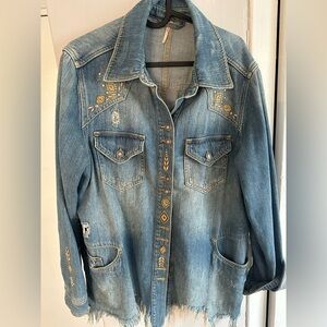 Free People Oversized Blue Denim Embroidered Distressed Shirt